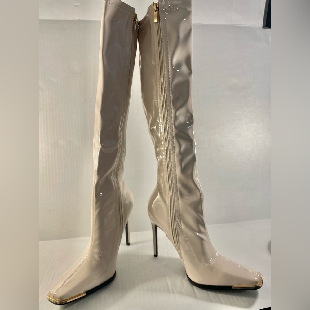 New sun gurg Women's Bone Patent Knee High Stiletto Heel Boots, Size 10